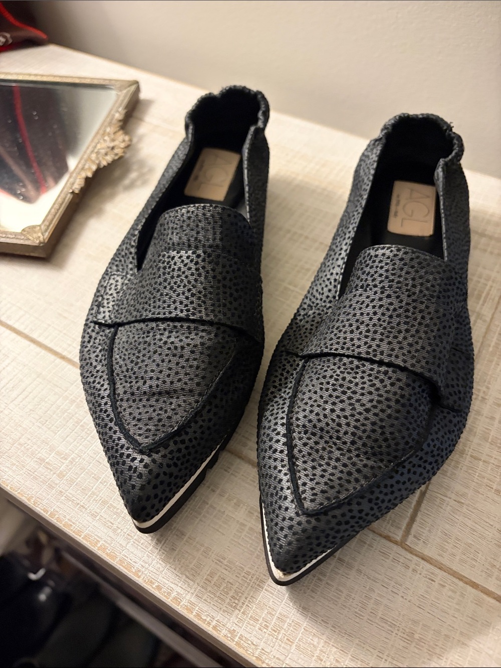 AGL Black Perforated Pointed Toe Slip-On Loafers
